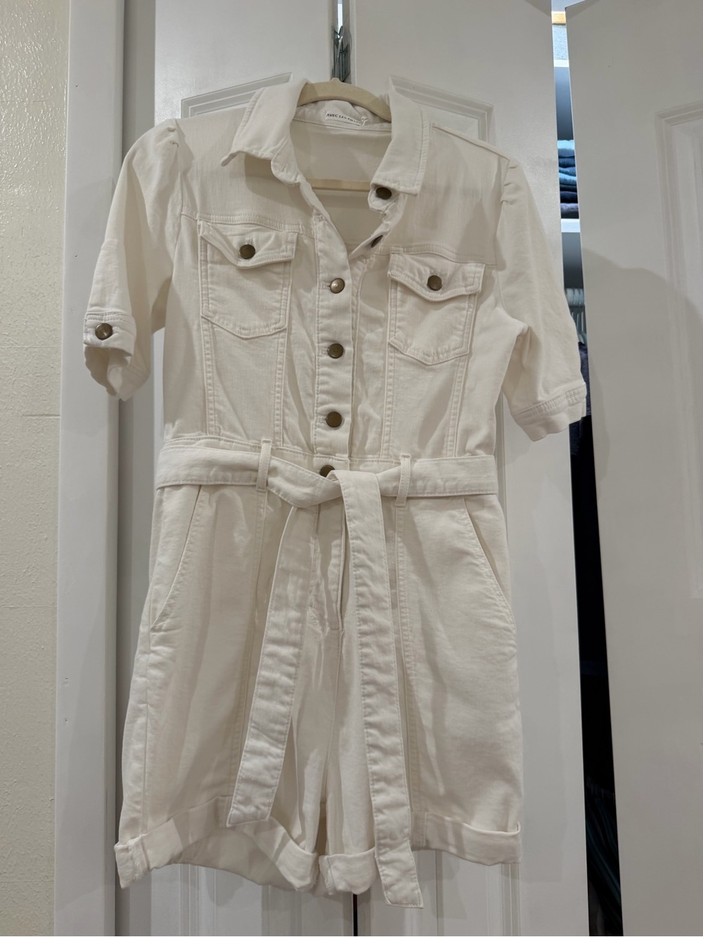 White Button-Front Utility Romper with Belt-Avec Les Filles